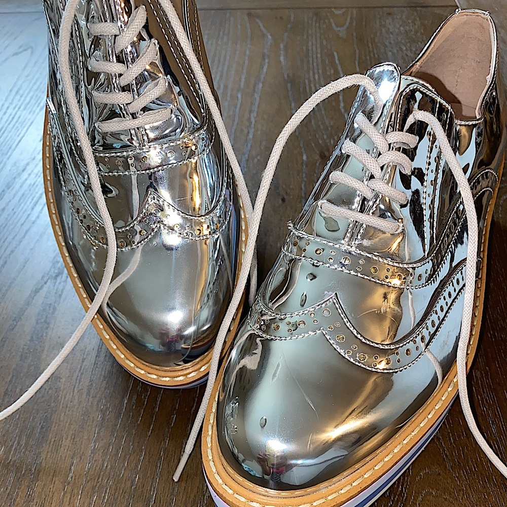 Silver patent platform sneaker